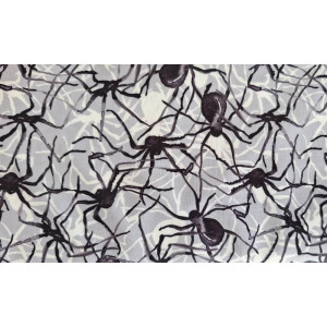 10cm Polyesterjersey Foliendruck  Halloween SPINNEN auf Hellgrau   (Grundpreis € 13,00/m)